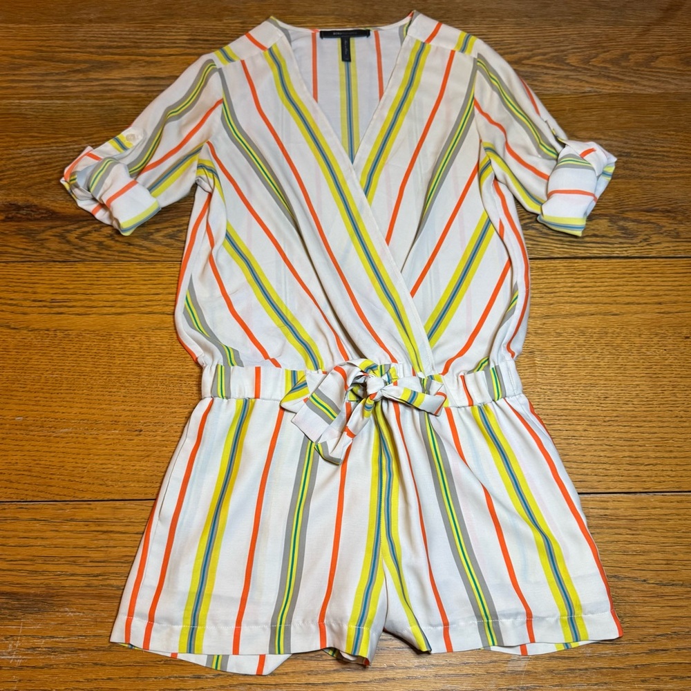 BCBG MaxAzria “Kelly” Striped Multicolor Roll Tab Long Sleeve Romper